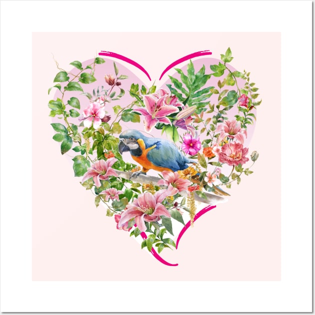 Pink Floral Heart with Blue Parrot Wall Art by Biophilia